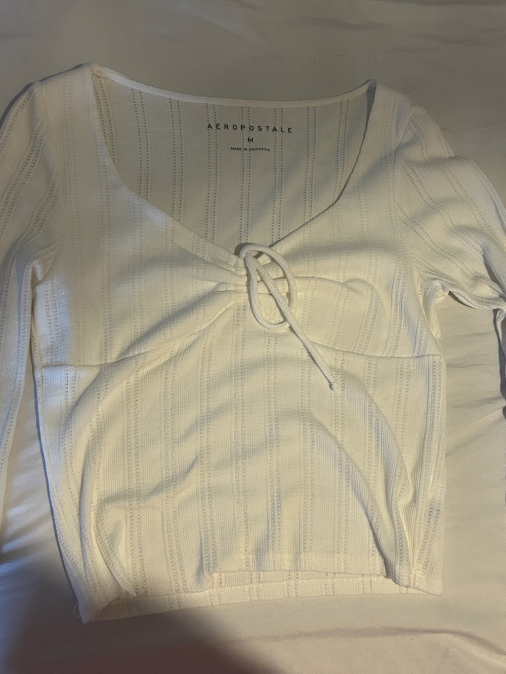 Aeropostale White Ribbed Long Sleeve Tie-Front Top - M